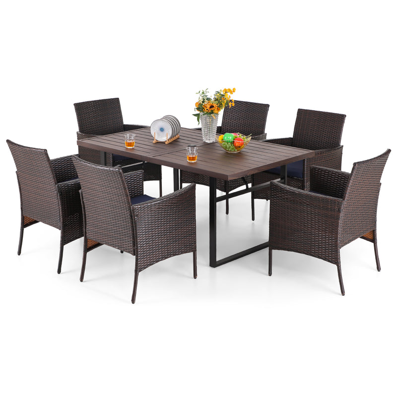 PHI VILLA 7-Piece Patio Dining Set with Steel Rectangle Table & 6 Rattan Crescent Chairs