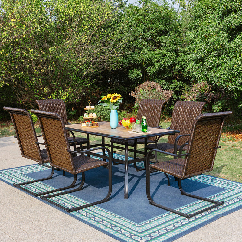 Phi Villa 7-Piece Patio Dining Set with Steel Rectangle Table & 6 Rattan C-spring Chairs