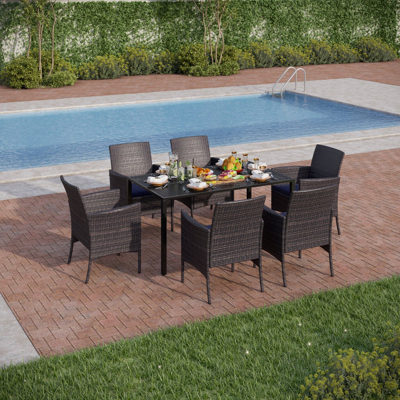 PHI VILLA 7-Piece Patio Dining Set with Steel Rectangle Table & 6 Rattan Crescent Chairs