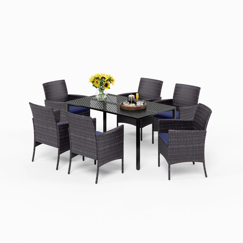 PHI VILLA 7-Piece Patio Dining Set with Steel Rectangle Table & 6 Rattan Crescent Chairs