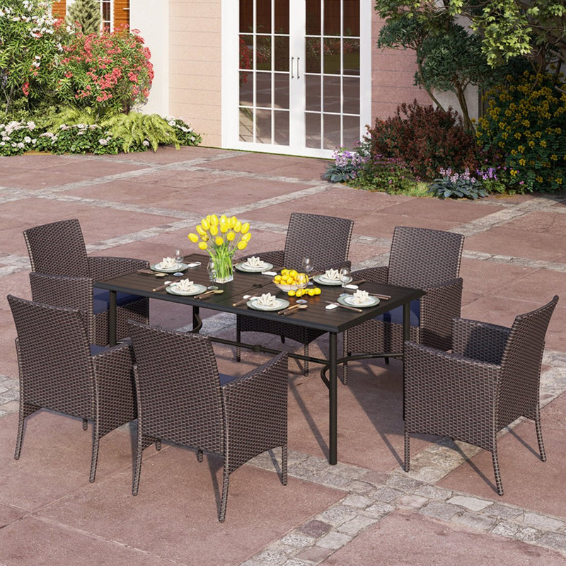 PHI VILLA 7-Piece Patio Dining Set with Steel Rectangle Table & 6 Rattan Crescent Chairs