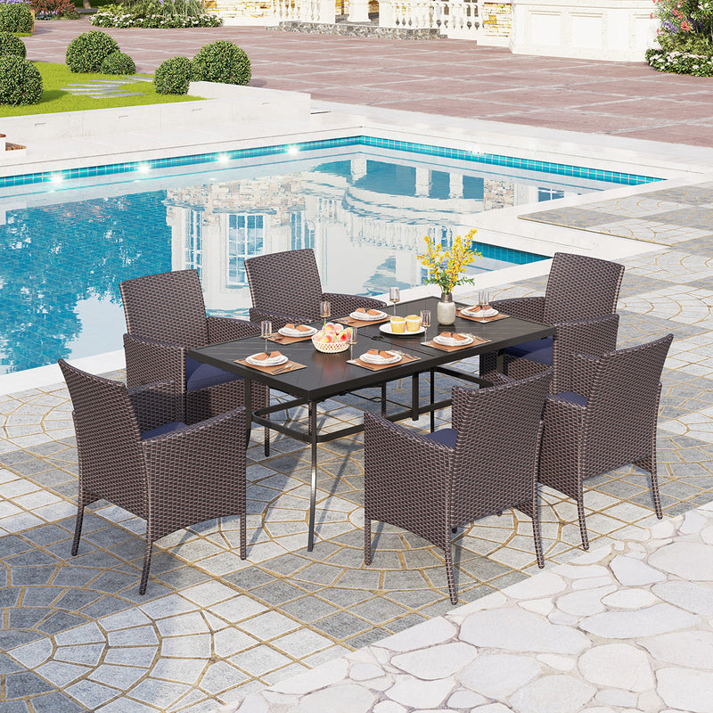 PHI VILLA 7-Piece Patio Dining Set with Steel Rectangle Table & 6 Rattan Crescent Chairs