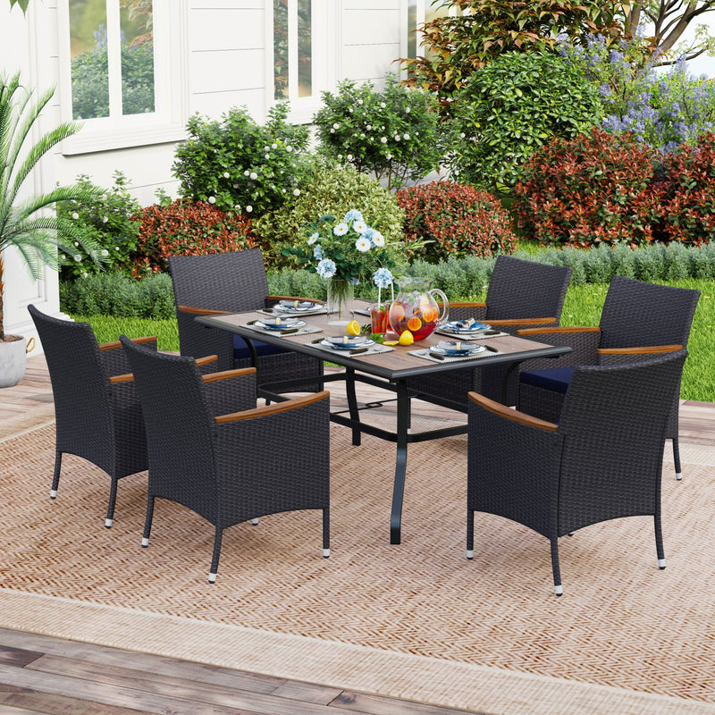 PHI VILLA 7-Piece Patio Dining Set with Wood-look Table & 6 Rattan Cushioned Dining Chairs