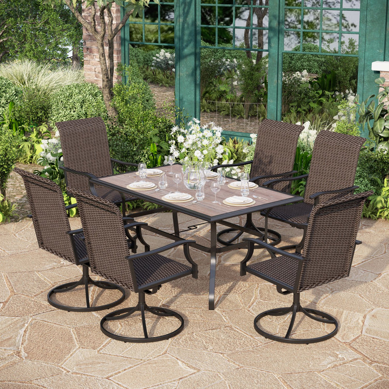 PHI VILLA 7-Piece Patio Dining Set with Wood-look Table & 6 Rattan Swivel Chairs