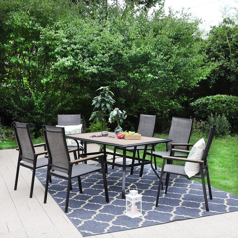 PHI VILLA 7-Piece Outdoor Dining Set with Rectangle Steel Table & 6 Textilene Dining Chairs