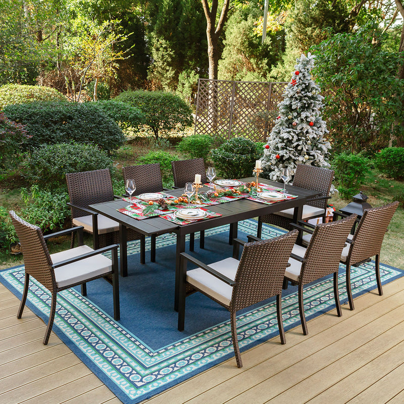 PHI VILLA 7 piece/ 9 piece Patio Dining Set With Rattan Cushioned Chairs & Extendable Steel Table