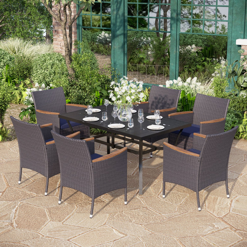 PHI VILLA 7-Piece Outdoor Dining Set with Rattan Cushioned Chairs & Steel Panel Table