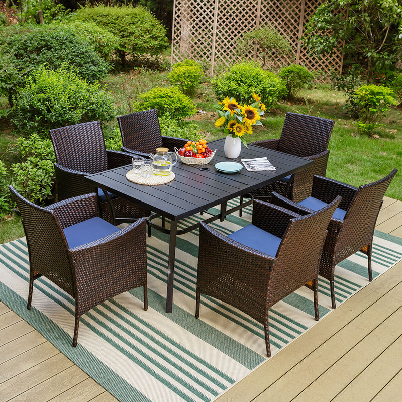 PHI VILLA 7-Piece Outdoor Dining Set with Rattan Cushioned Chairs & Steel Panel Table