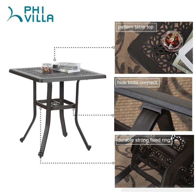 PHI VILLA Cast Aluminum Patio Square Dining Table with Umbrella Hole