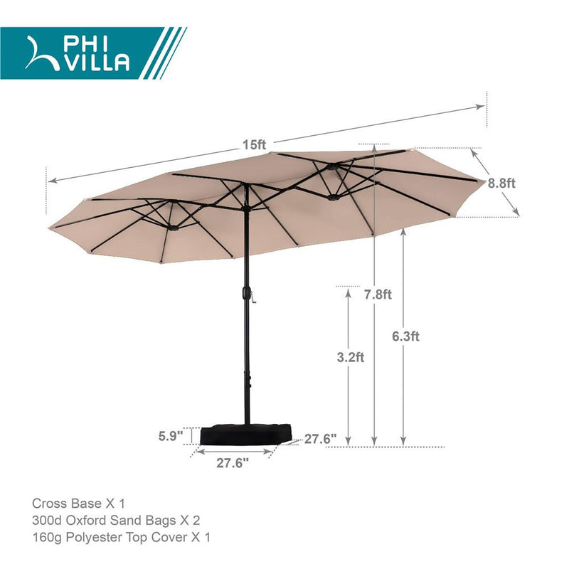 PHI VILLA 15ft Double-Sided Patio Extra Large Twin Umbrella