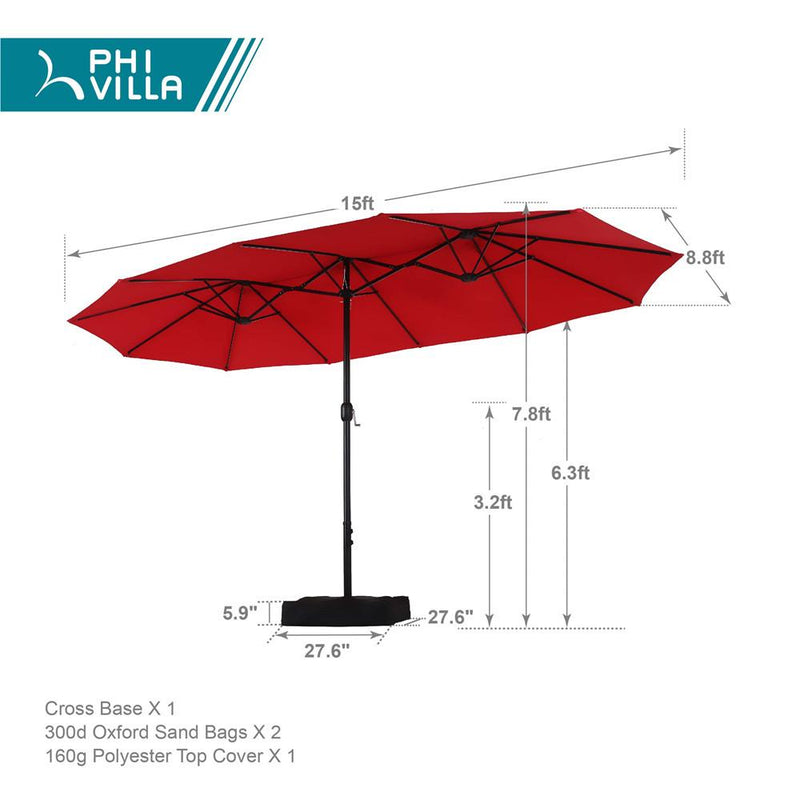 PHI VILLA 15ft Double-Sided Patio Extra Large Twin Umbrella