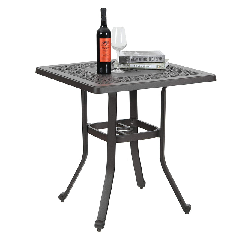 PHI VILLA Cast Aluminum Patio Square Dining Table with Umbrella Hole