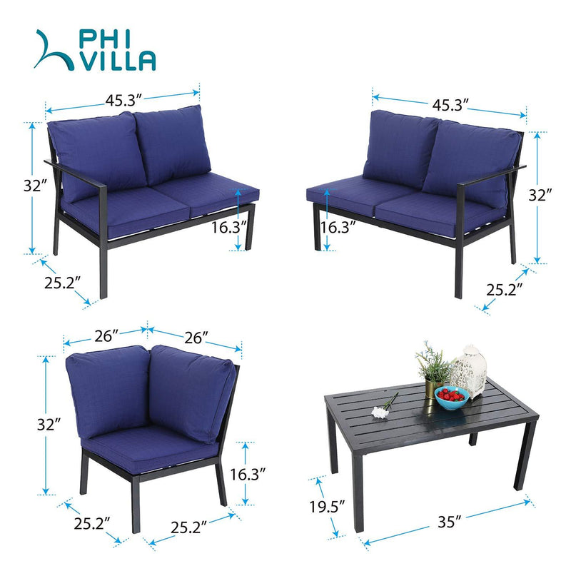 PHI VILLA 5 Seater L-Shaped Metal Sectional Conversation Set With Cushions