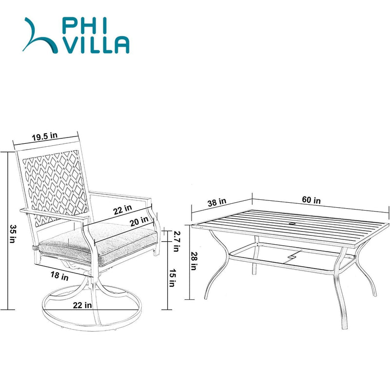 7-Piece Outdoor Patio Dining Set 6 Swivel Chairs and Rectangle Steel Table PHI VILLA