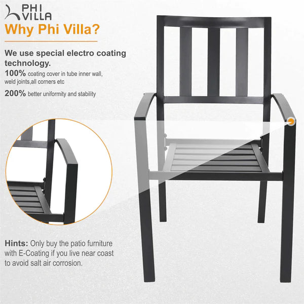 PHI VILLA 8-Piece Patio Dining Set with 13ft Umbrella & Metal Steel Table & Fixed Steckable Chairs