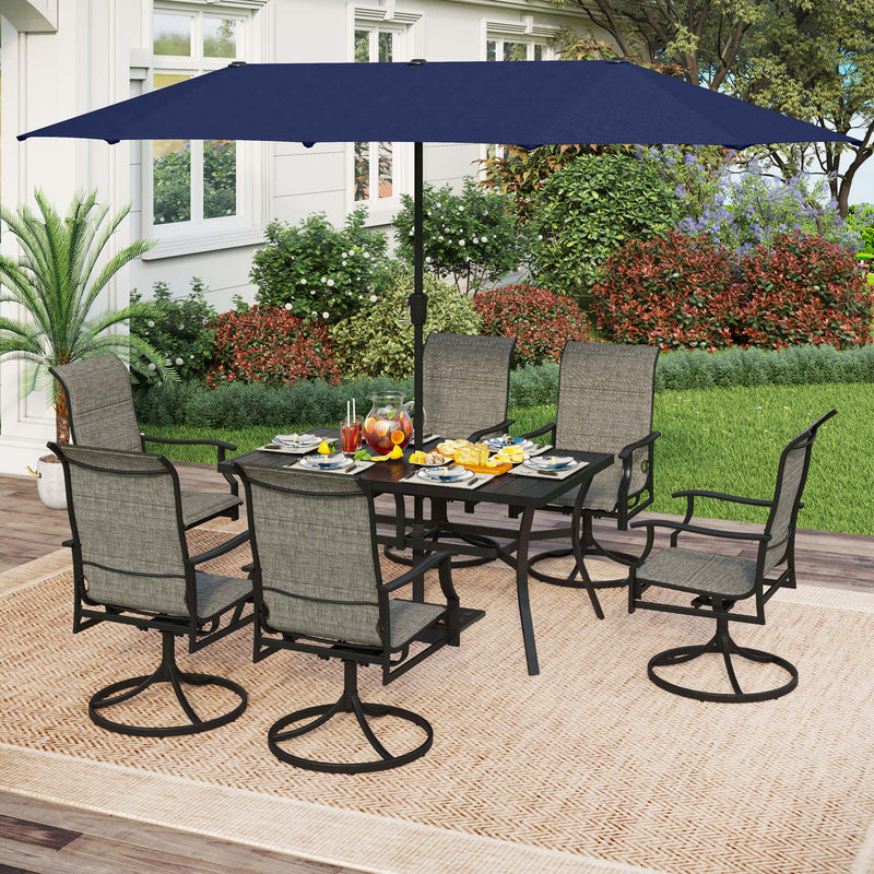 PHI VILLA 8-Piece Outdoor Dining Set with 13ft Umbrella Rectangle Steel Table & Padded Swivel Textilene Chairs