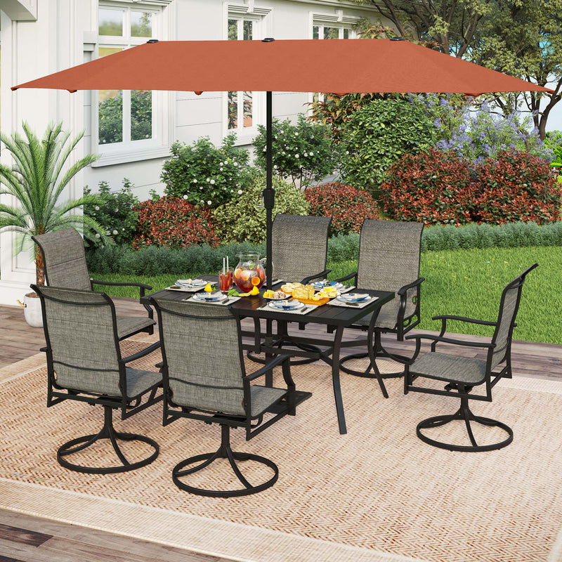 PHI VILLA 8-Piece Outdoor Dining Set with 13ft Umbrella Rectangle Steel Table & Padded Swivel Textilene Chairs