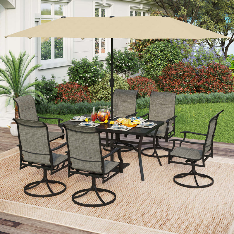 PHI VILLA 8-Piece Outdoor Dining Set with 13ft Umbrella Rectangle Steel Table & Padded Swivel Textilene Chairs