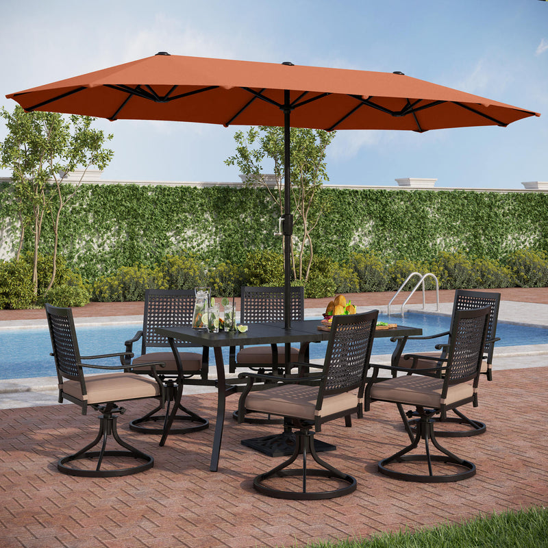 PHI VILLA 8-Piece Outdoor Dining Set with 13ft Umbrella Steel Rectangle Table & Bullseye Pattern Swivel Steel Chairs