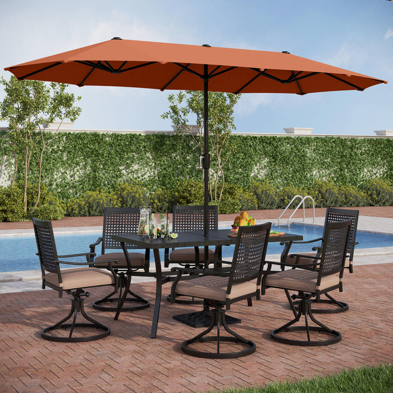 PHI VILLA 8-Piece Outdoor Dining Set with 13ft Umbrella Steel Rectangle Table & Bullseye Pattern Swivel Steel Chairs