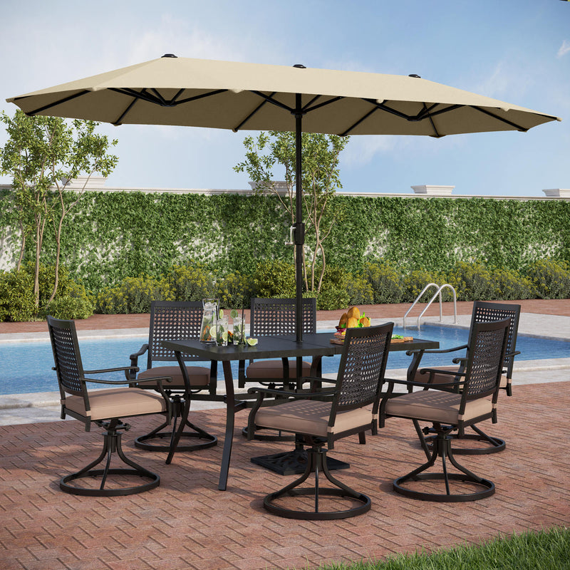 PHI VILLA 8-Piece Outdoor Dining Set with 13ft Umbrella Steel Rectangle Table & Bullseye Pattern Swivel Steel Chairs