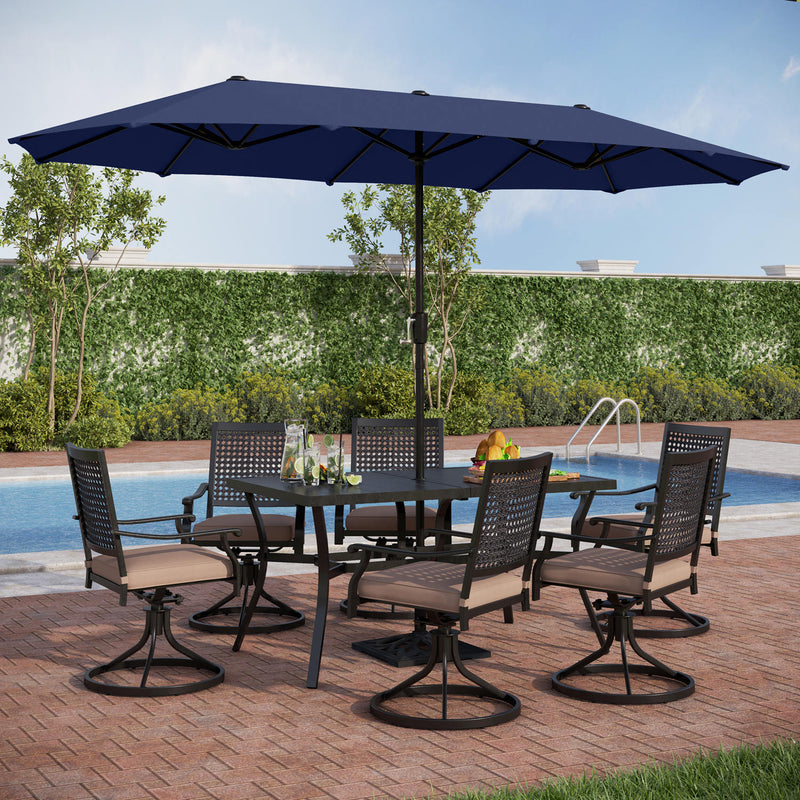 PHI VILLA 8-Piece Outdoor Dining Set with 13ft Umbrella Steel Rectangle Table & Bullseye Pattern Swivel Steel Chairs