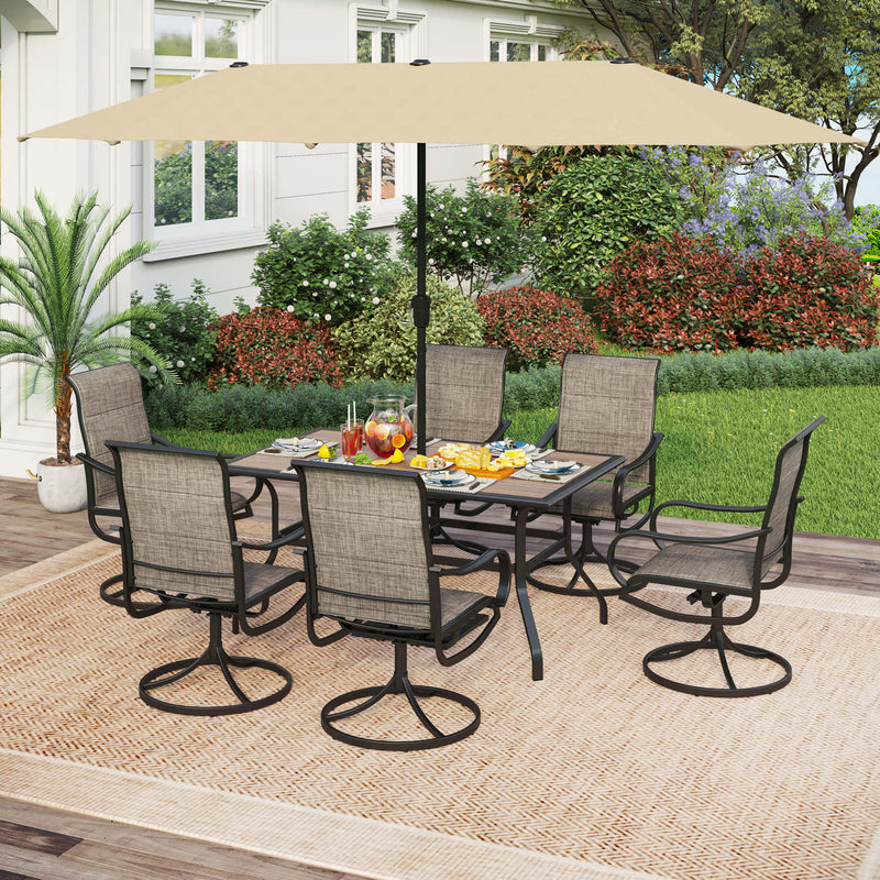 PHI VILLA 8-Piece Patio Dining Set with 13ft Umbrella Rectangle Steel Table & Padded Swivel Textilene Chairs