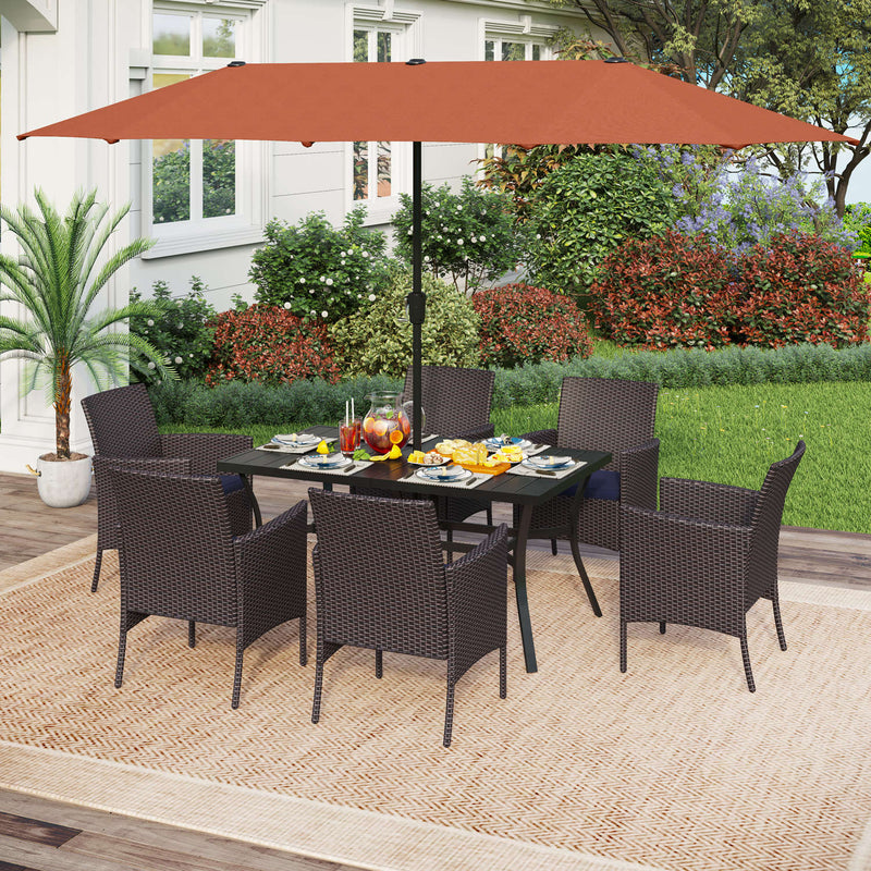 PHI VILLA 8-Piece Patio Dining Set with 13ft Umbrella Steel Rectangle Table & Cushioned Rattan Chairs