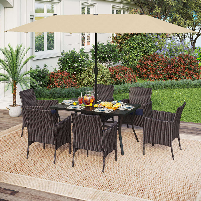 PHI VILLA 8-Piece Patio Dining Set with 13ft Umbrella Steel Rectangle Table & Cushioned Rattan Chairs