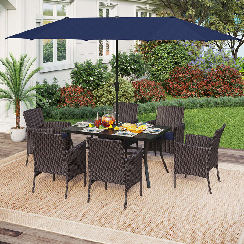 PHI VILLA 8-Piece Patio Dining Set with 13ft Umbrella Steel Rectangle Table & Cushioned Rattan Chairs
