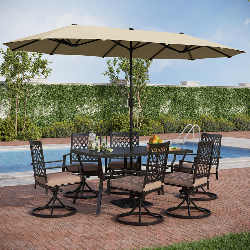 PHI VILLA 8-Piece Patio Dining Set with 10ft Umbrella Steel Rectangle Table & Swivel Metal Steel Chairs