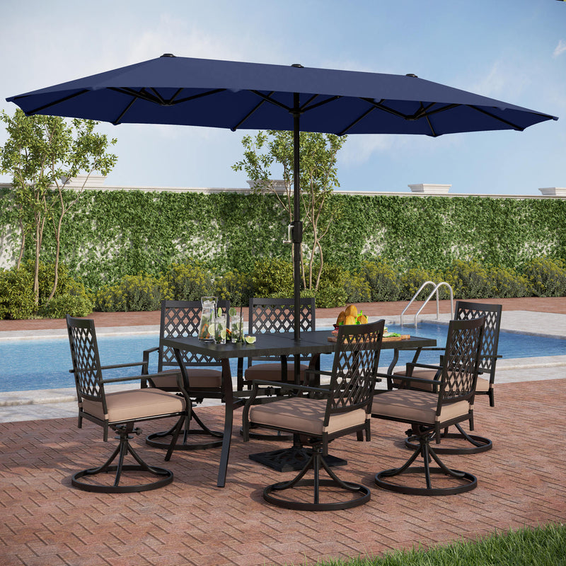 PHI VILLA 8-Piece Patio Dining Set with 10ft Umbrella Steel Rectangle Table & Swivel Metal Steel Chairs