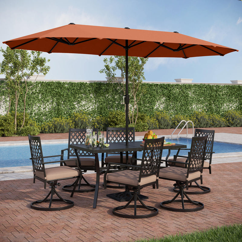 PHI VILLA 8-Piece Patio Dining Set with 10ft Umbrella Steel Rectangle Table & Swivel Metal Steel Chairs