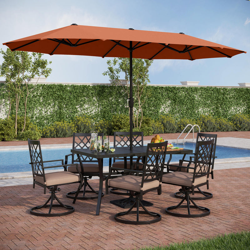 PHI VILLA 8-Piece Patio Dining Set with 10ft Umbrella Steel Rectangle Table & Swivel Metal Steel Chairs