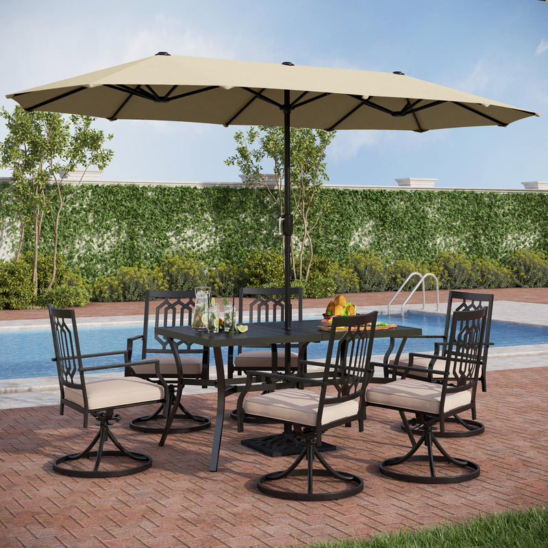 PHI VILLA 8-Piece Patio Dining Set with 10ft Umbrella Steel Rectangle Table & Swivel Metal Steel Chairs