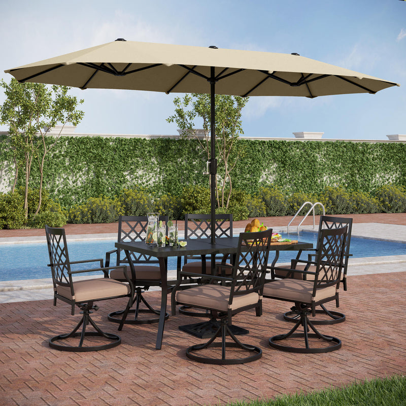 PHI VILLA 8-Piece Patio Dining Set with 10ft Umbrella Steel Rectangle Table & Swivel Metal Steel Chairs