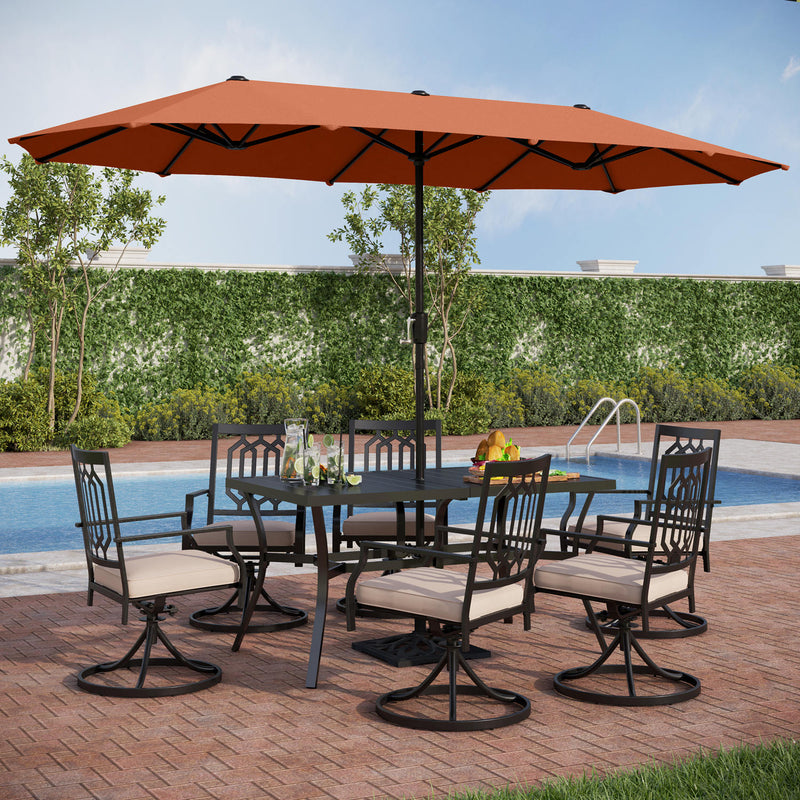 PHI VILLA 8-Piece Patio Dining Set with 10ft Umbrella Steel Rectangle Table & Swivel Metal Steel Chairs