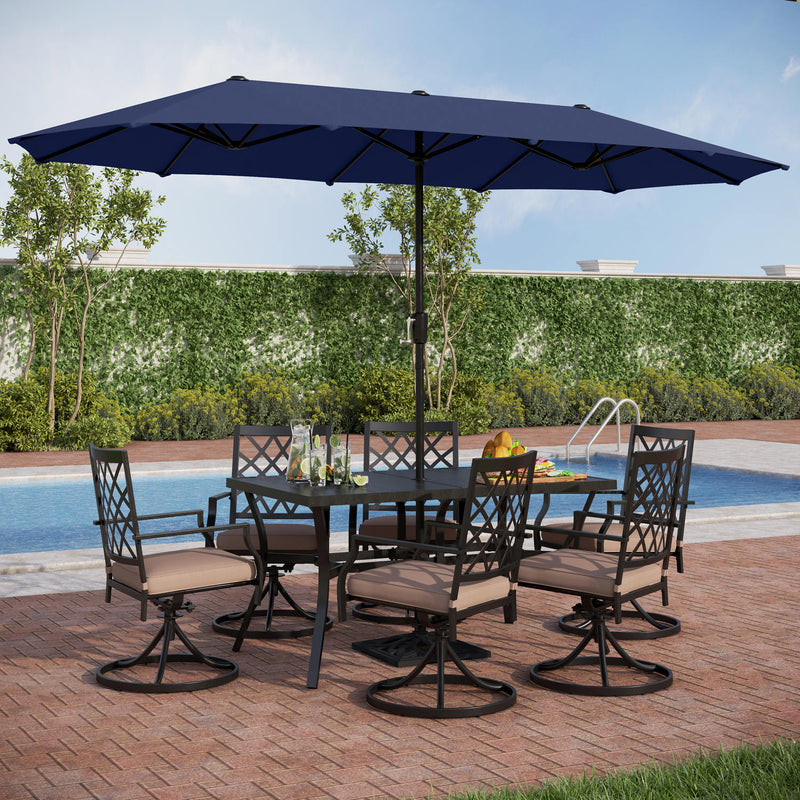 PHI VILLA 8-Piece Patio Dining Set with 10ft Umbrella Steel Rectangle Table & Swivel Metal Steel Chairs