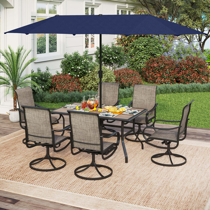 PHI VILLA 8-Piece Patio Dining Set with 13ft Umbrella Steel Rectangle Table & Textilene Swivel Chairs