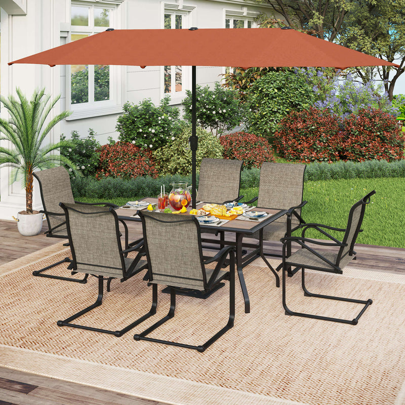 PHI VILLA 8-Piece Patio Dining Set with 13ft Umbrella Wood-Look Table & Textilene C-Spring Chairs