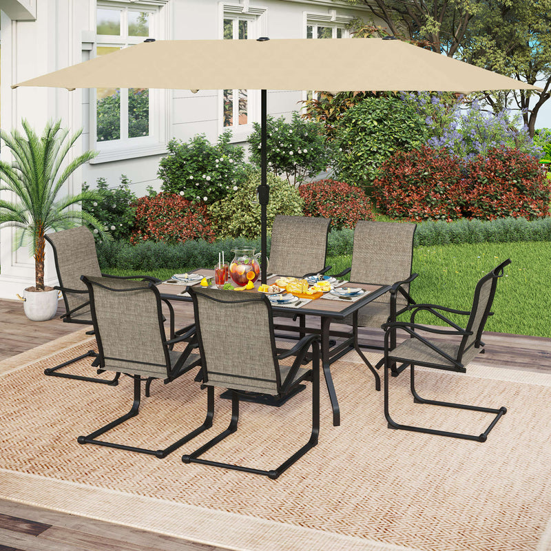 PHI VILLA 8-Piece Patio Dining Set with 13ft Umbrella Wood-Look Table & Textilene C-Spring Chairs