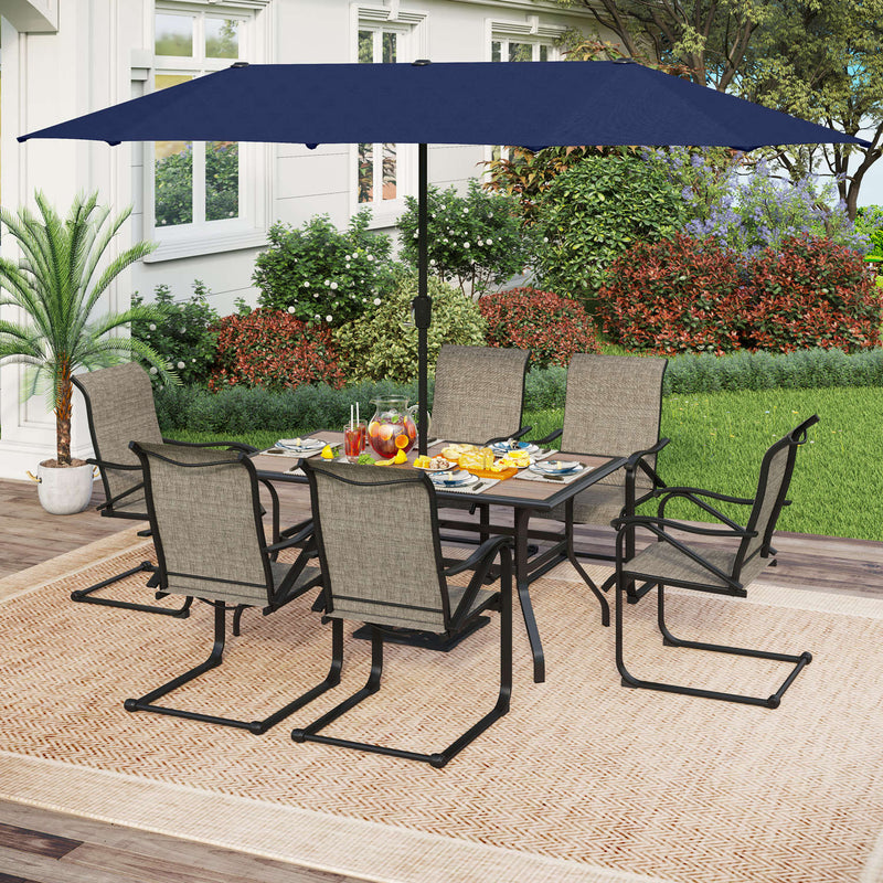 PHI VILLA 8-Piece Patio Dining Set with 13ft Umbrella Wood-Look Table & Textilene C-Spring Chairs