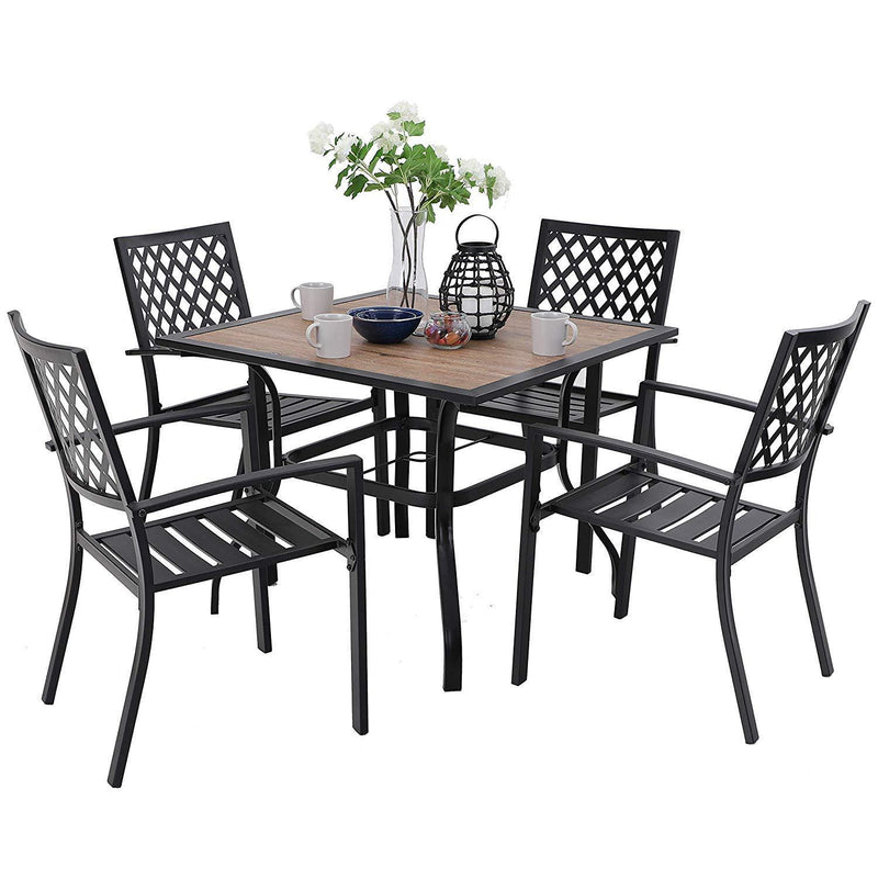 PHI VILLA 5-Piece Metal Patio Dining Set Wood-look Table and 4 Pattern Stackable Chairs