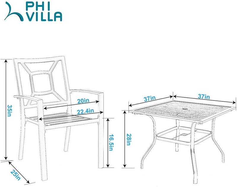 PHI VILLA 5-Piece Metal Patio Dining Set Wood-look Table and 4 Pattern Stackable Chairs