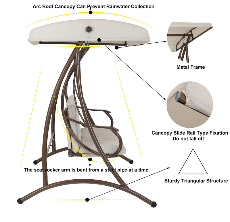 Phi Villa Outdoor Patio 3 Person Swing Chair for Porch, Garden, Backyard