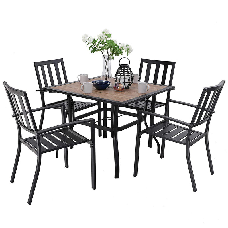 PHI VILLA 5-Piece Metal Patio Dining Set Wood-look Table and 4 Pattern Stackable Chairs