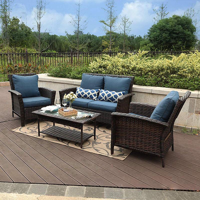 PHI VILLA 4 Piece Patio Wicker Conversation Set with Cushion
