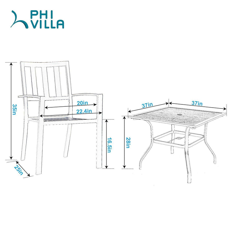 PHI VILLA 5-Piece Metal Patio Dining Set Wood-look Table and 4 Pattern Stackable Chairs