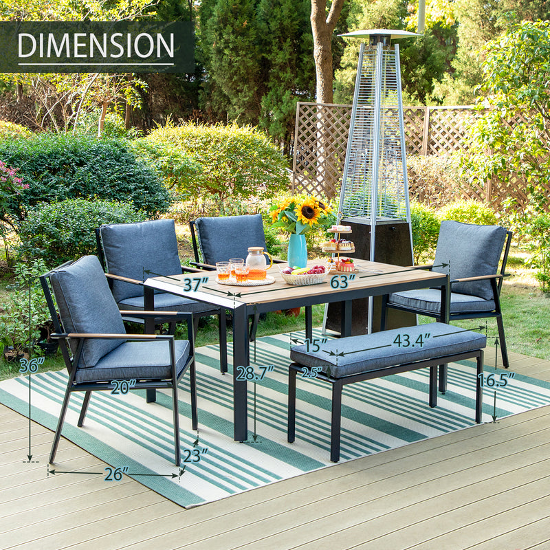 PHI VILLA 6 Piece/7 piece Patio Dining Set With Aluminum Cushioned Chairs /Bench & Rectangle Table