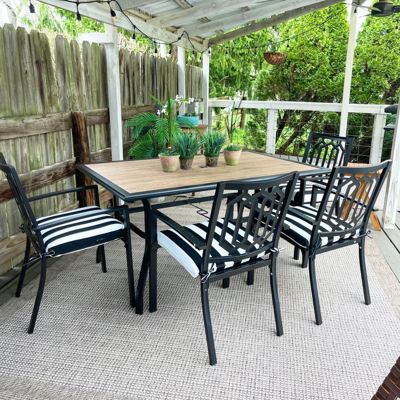 PHI VILLA 7-Piece Outdoor Patio Dining Set with Wood-look Table and 6 Stackable Metal Steel Chairs